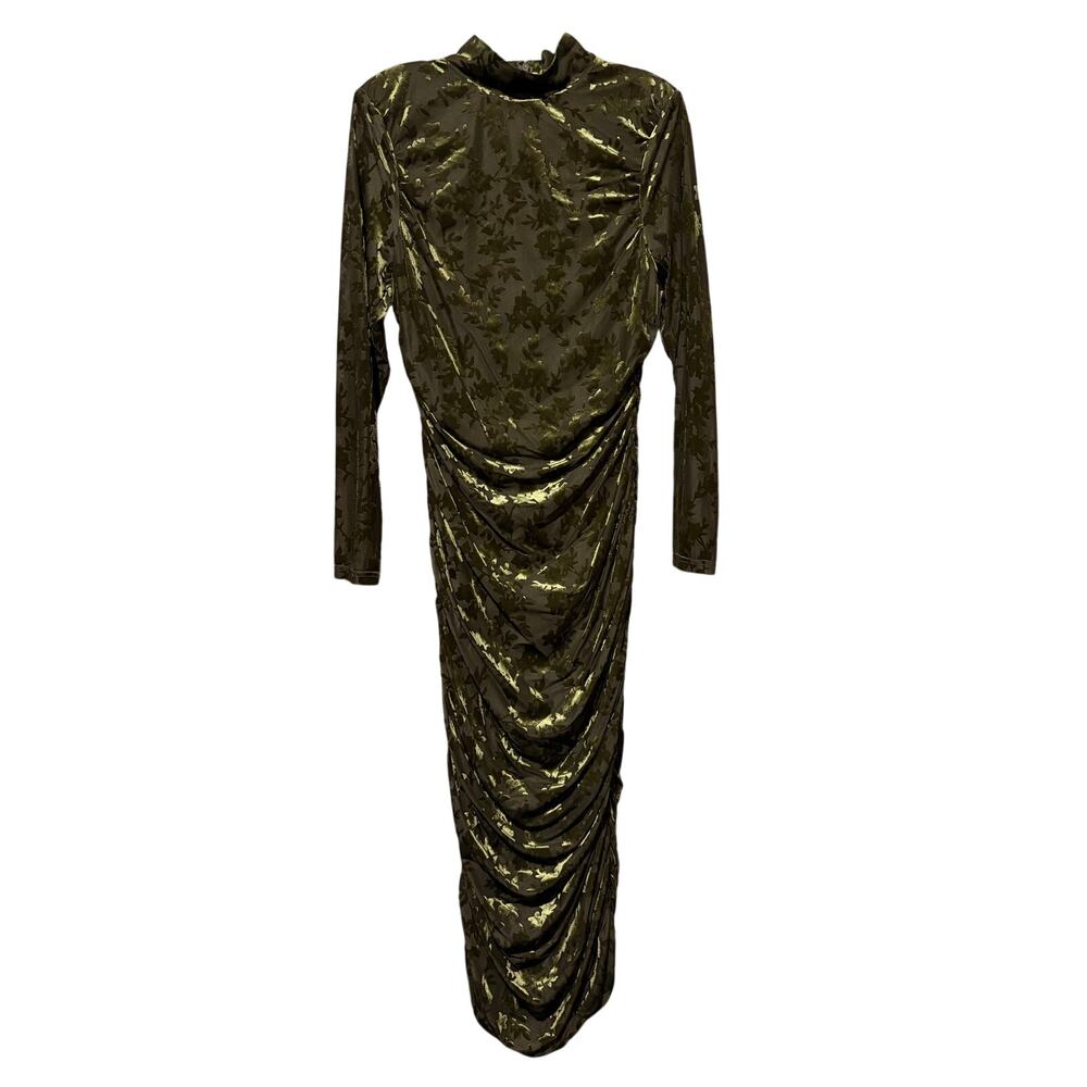 Belle Badgley Mischka Kendall Olive Velvet Burnout Ruched Midi Dress NWT Size 10 - Picture 3 of 9